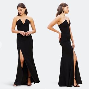 NEW Dress the Population Fernanda Black Strapless Gown Sz XS High Slit V-Neck
